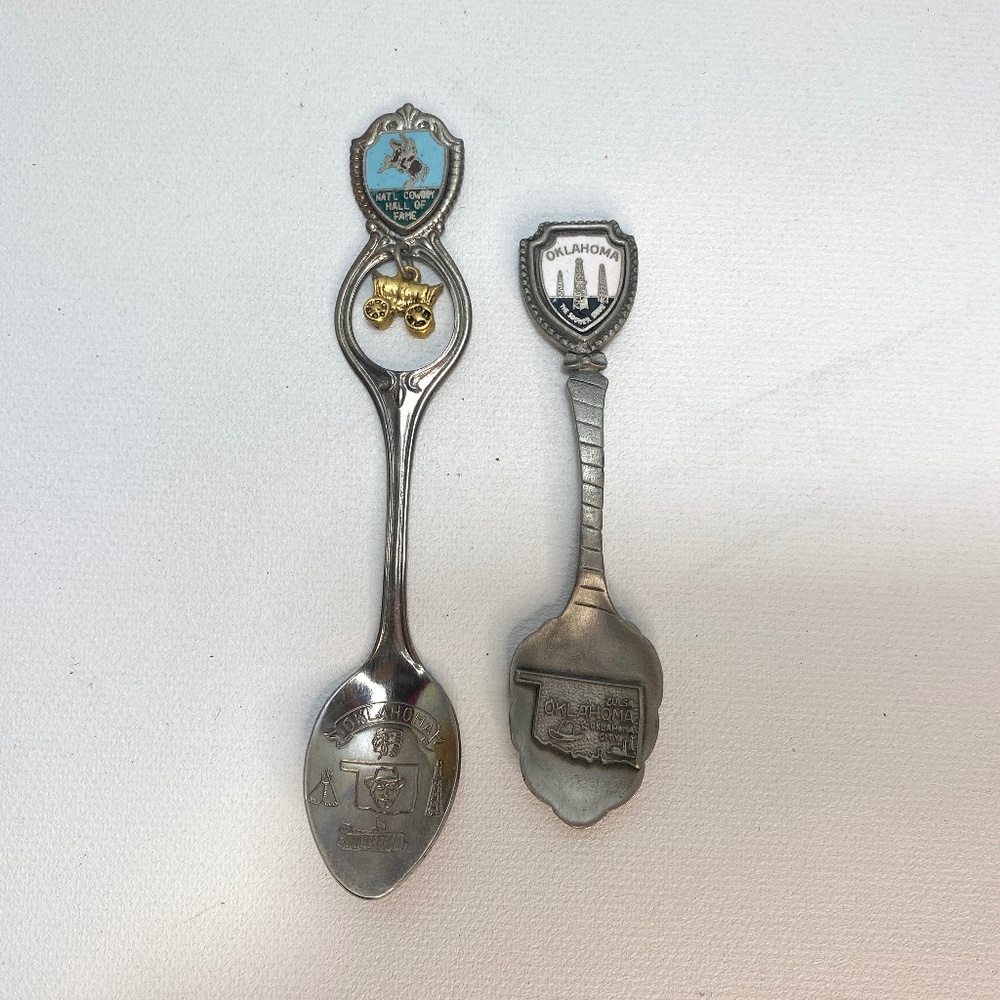 Set of Two Oklahoma State Souvenir Spoons Cowboy Hall of Fame Wagon Tulsa Pewter